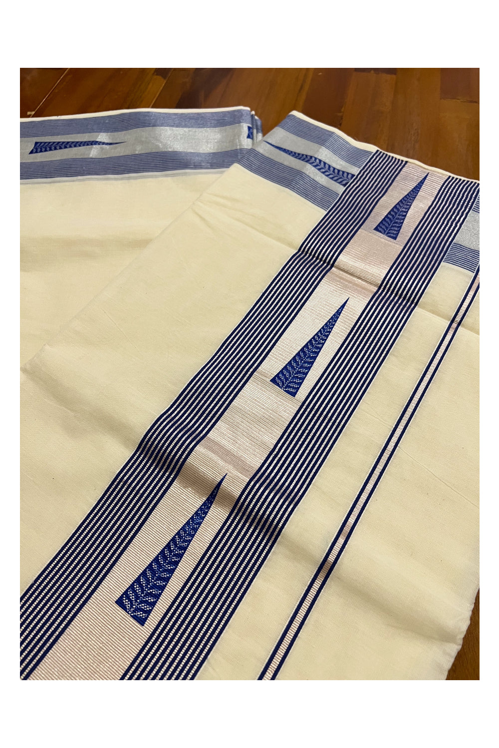 Pure Cotton Kerala Silver Kasavu and Blue Border Saree with Blue Block Prints