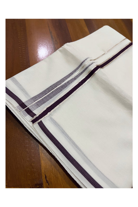 Pure White Cotton Double Mundu with Silver Kasavu and Dark Brown Chutti Border (South Indian Dhoti)