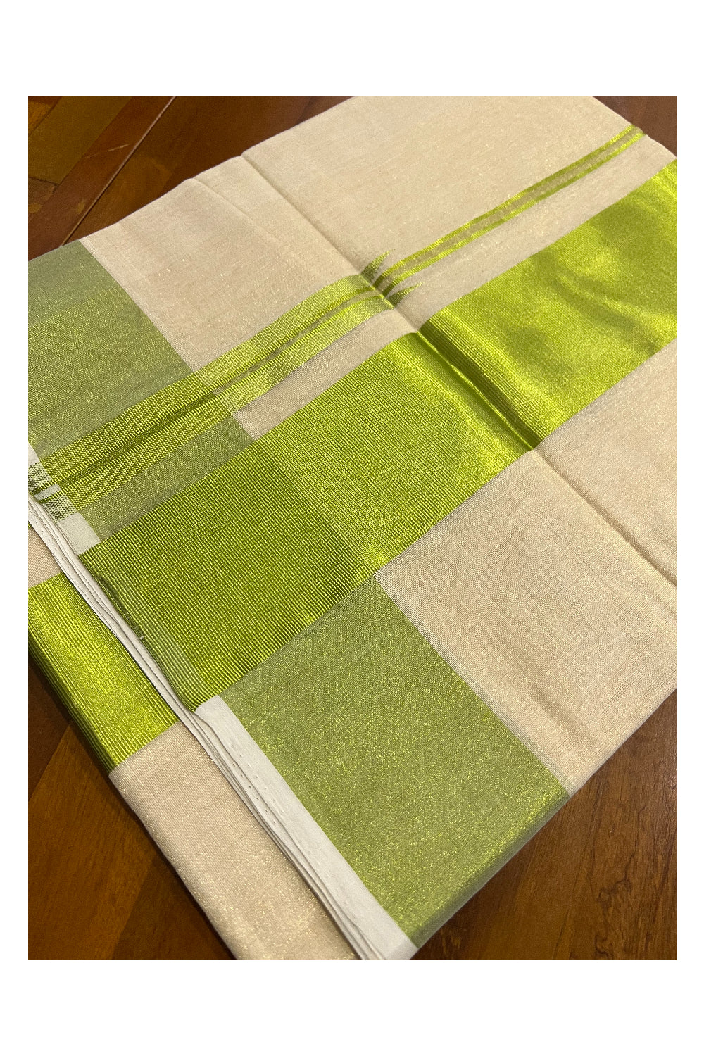 Southloom Exclusive Premium Handloom Tissue Saree with Light Green Kasavu Borders and Kara