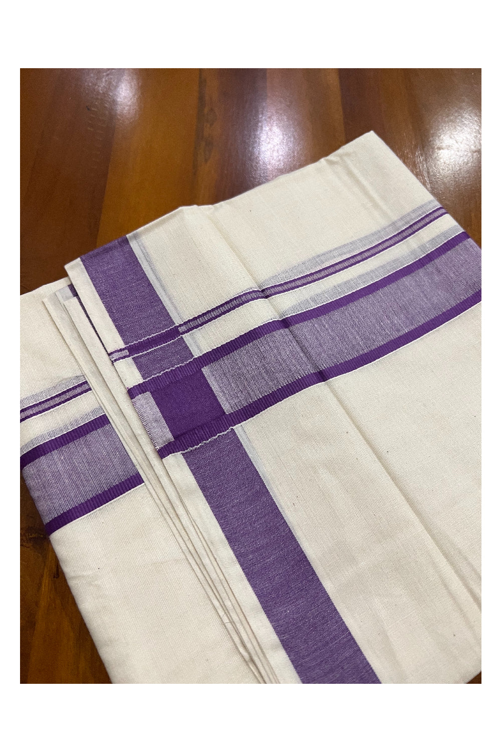 Off White Pure Cotton Double Mundu with Violet Border (South Indian Dhoti)