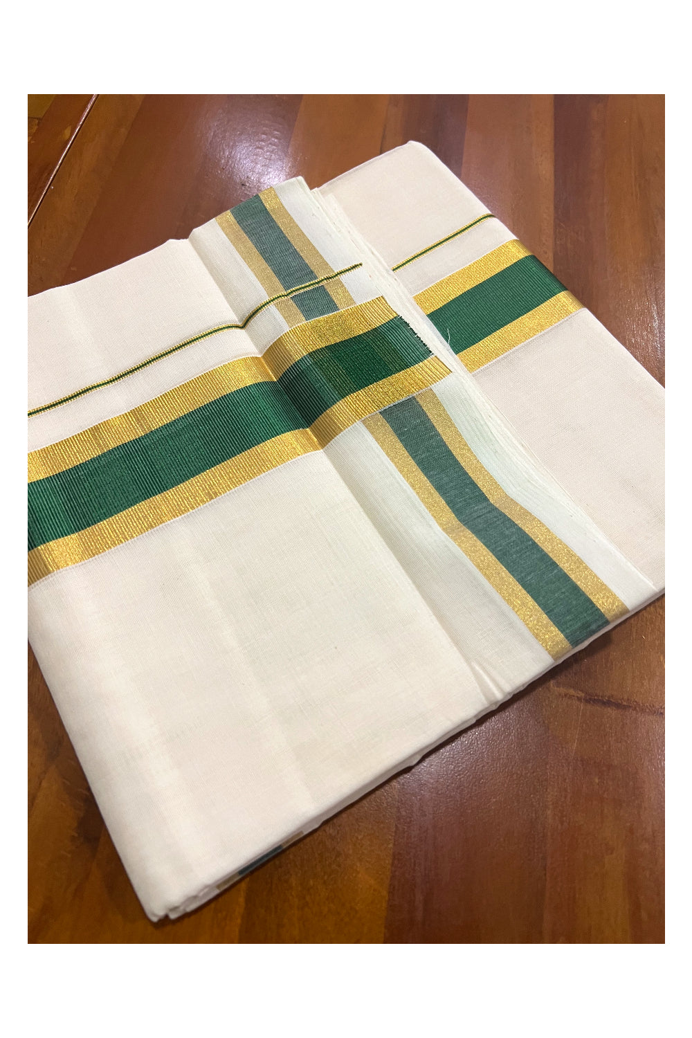 Southloom Premium Handloom Pure Cotton Mundu with Golden and Green Kasavu Border (South Indian Dhoti)