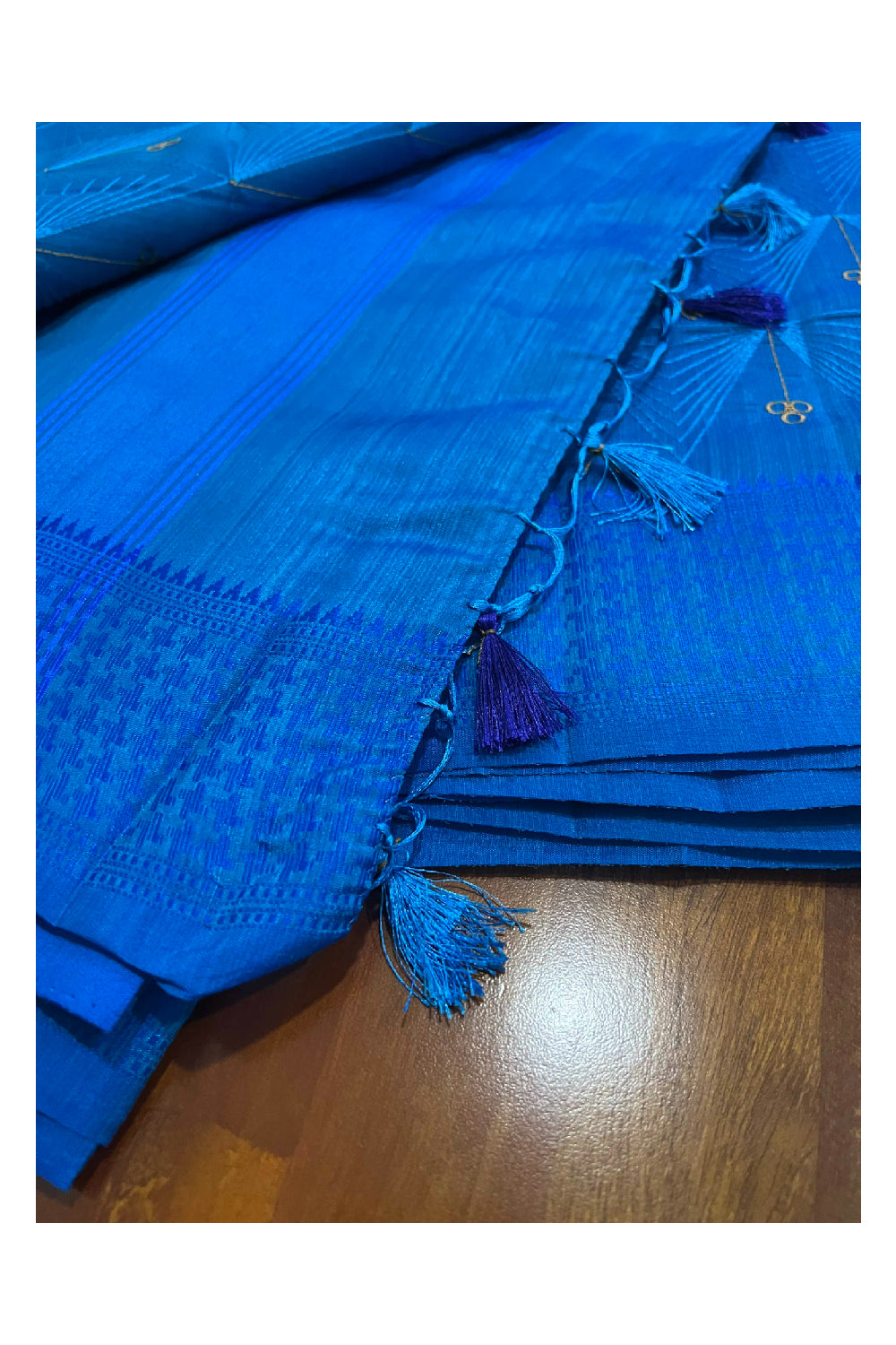 Southloom Blue Semi Silk Designer Thread Work Saree with Tassels on Pallu