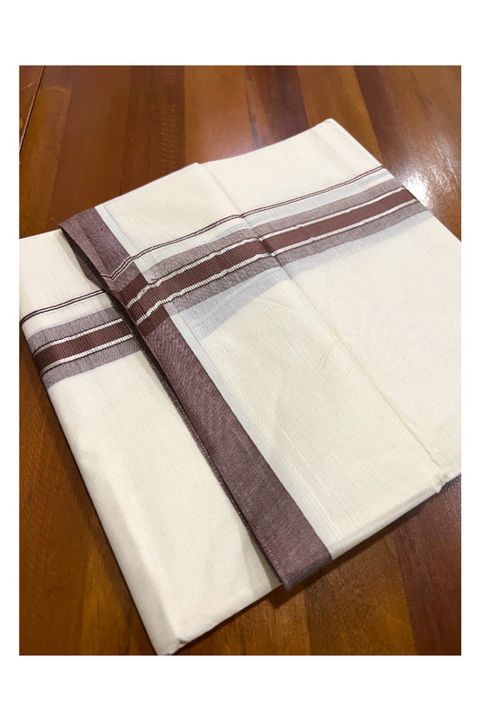 Off White Kerala Double Mundu with Silver Kasavu and Brown Border (South Indian Dhoti)