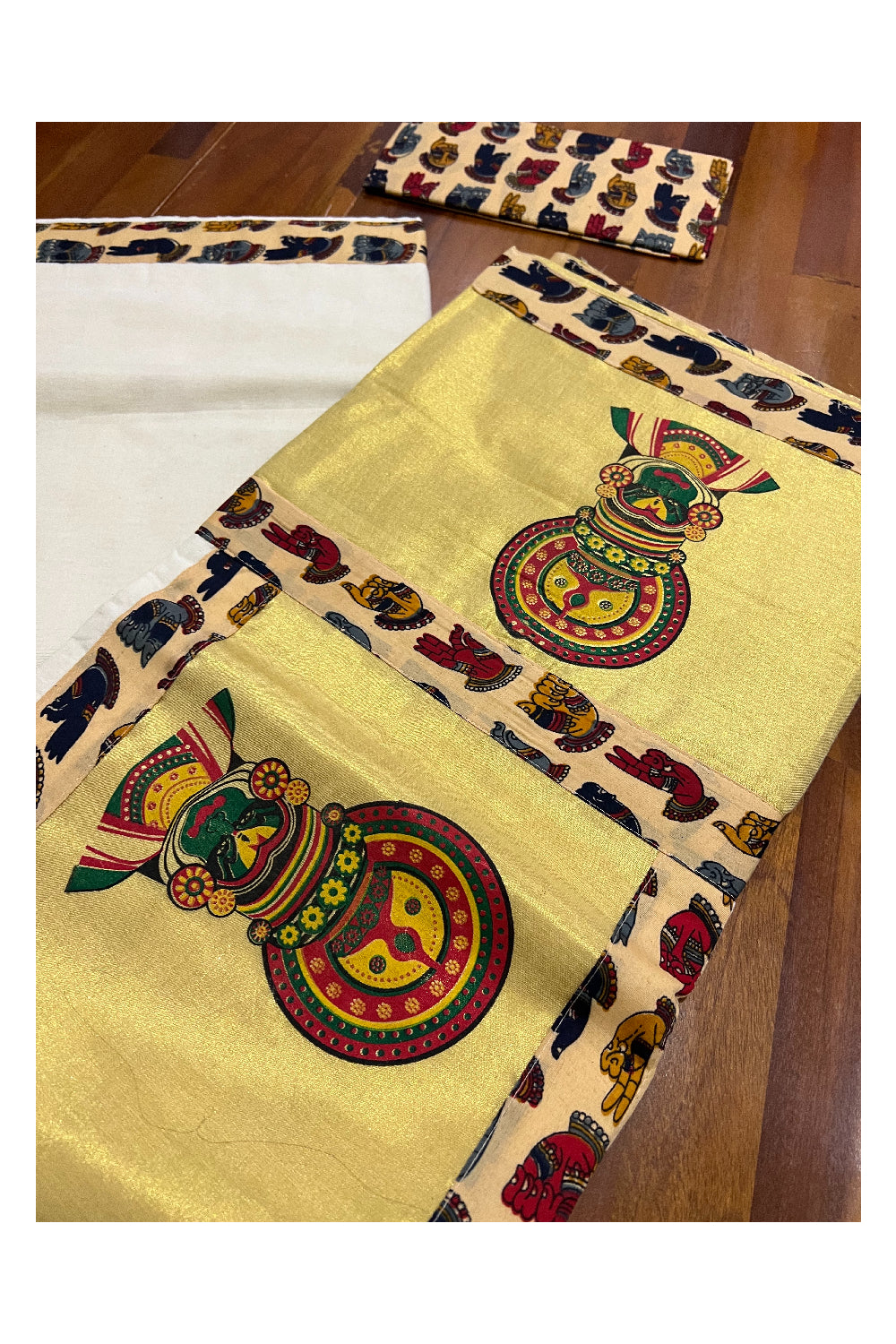 Kerala Pure Cotton Fusion Art Kathakali Printed Kasavu Saree with Printed Blouse Piece