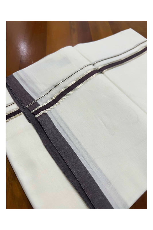 Pure White Cotton Mundu with Brown and Silver Kasavu Kara (South Indian Dhoti)