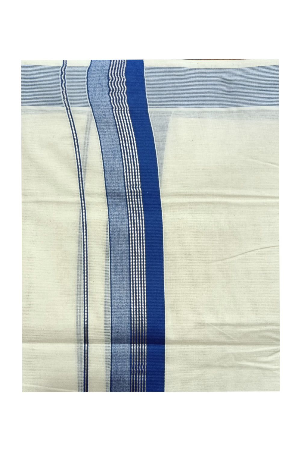 Off White Kerala Double Mundu with Silver Kasavu and Blue Kara (South Indian Dhoti)