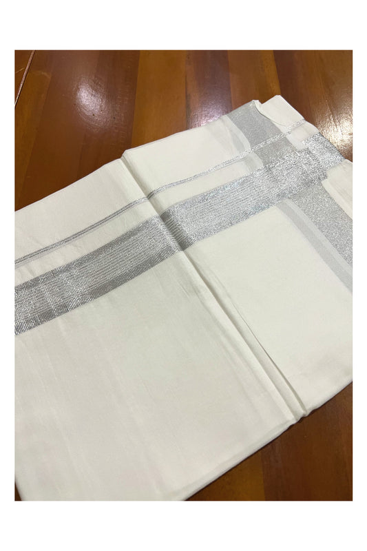 Pure White Cotton Double Mundu with Silver Kasavu Line Border (South Indian Dhoti)