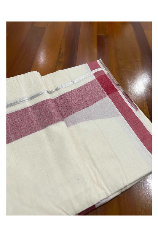 Off White Kerala Double Mundu with Silver Kasavu and Maroon Border (South Indian Dhoti)