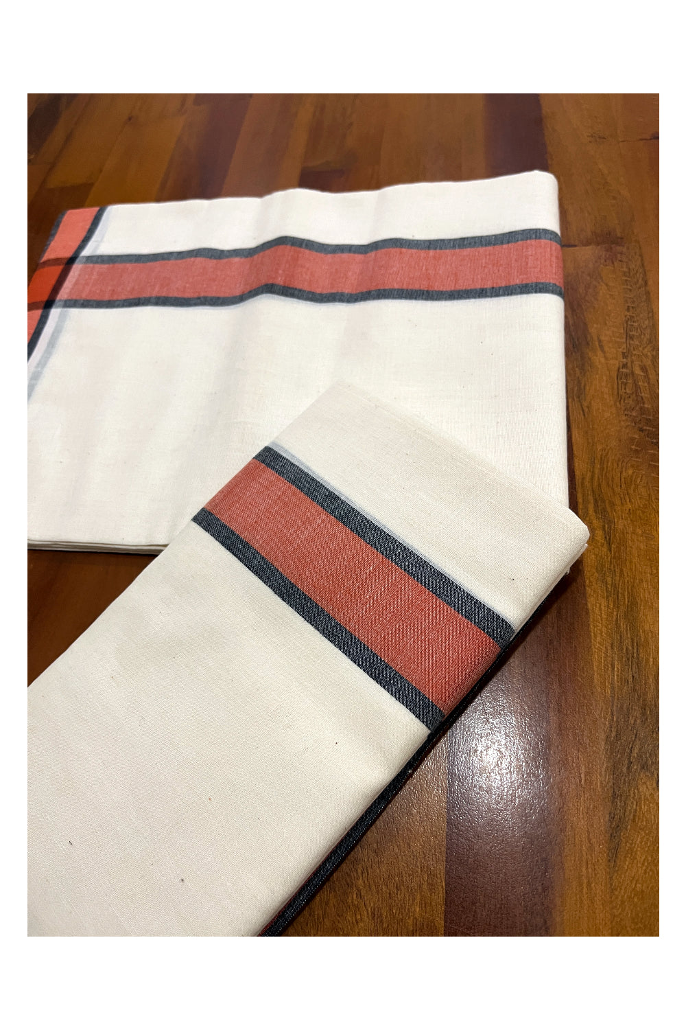 Kerala Cotton Mundum Neriyathum Single (Set Mundu) with Orange and Black Mulloth Border (Extra Soft Cotton)