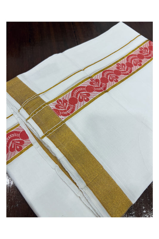 Pure White Cotton Double Mundu with Kasavu and Orangish Red Woven Design Border (South Indian Dhoti)