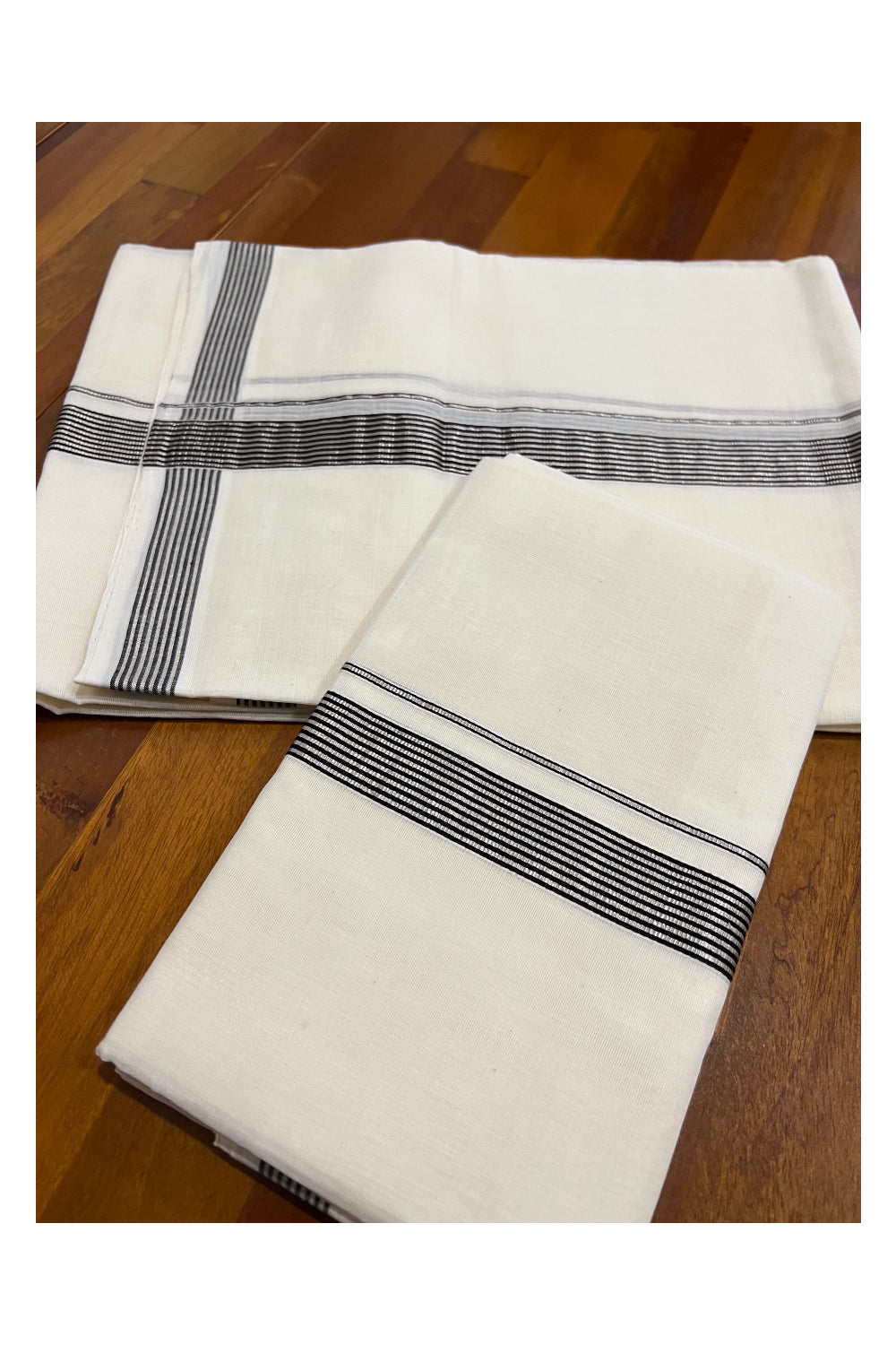 Southloom Premium Handloom Set Mundu with Silver Kasavu and Black Line Border