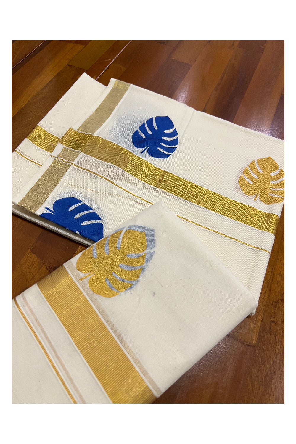 Pure Cotton Kasavu Set Mundu (Mundum Neriyathum) with Blue and Kasavu Block Prints on Border
