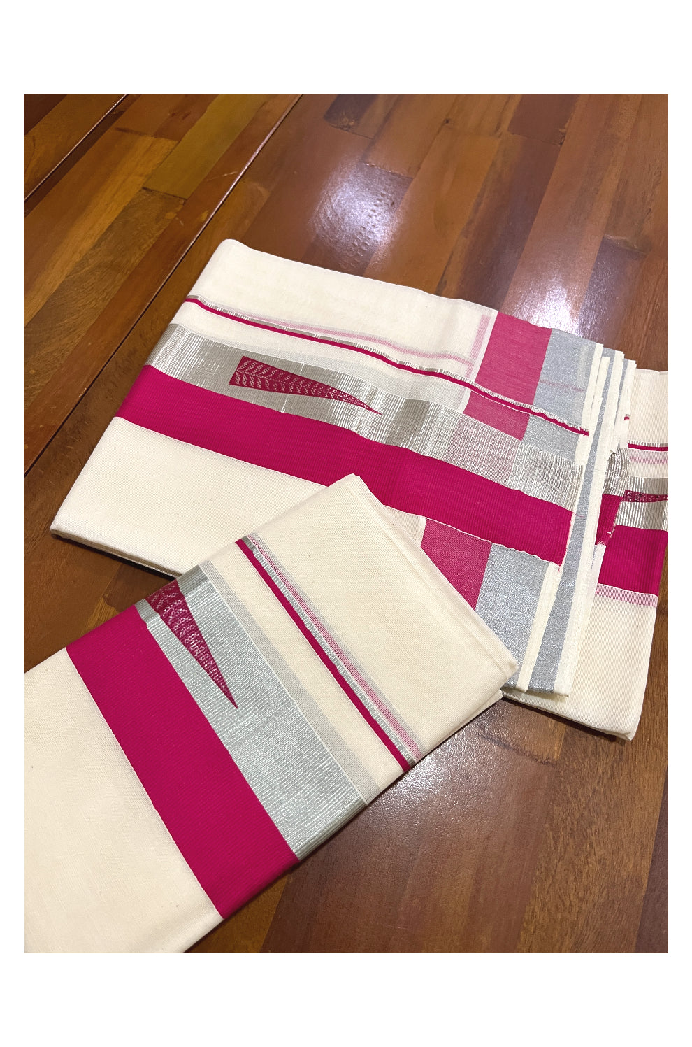 Pure Cotton SIlver Kasavu Single Set Mundu (Mundum Neriyathum Onam 2023) with Magenta Block Prints 2.80 Mtrs