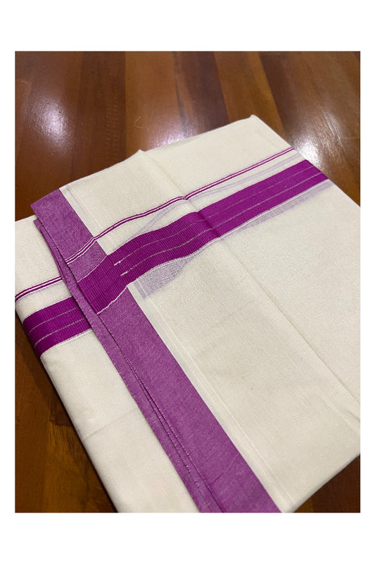 Pure Cotton Off White Double Mundu with Magenta Border (South Indian Kerala Dhoti)