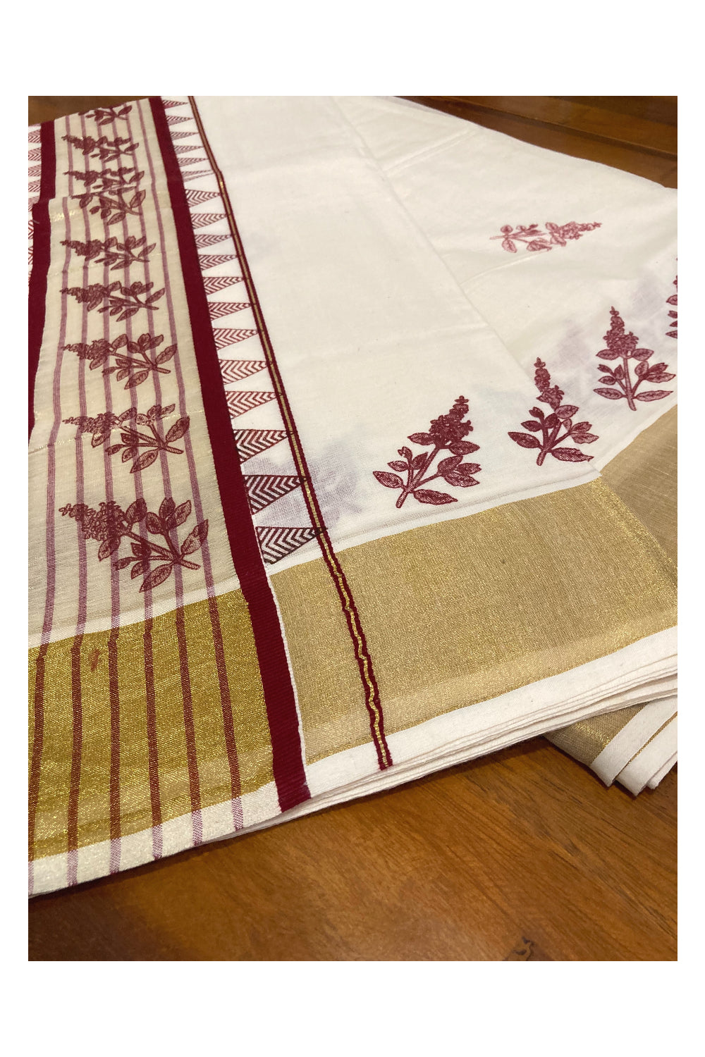 Pure Cotton Kerala Kasavu Saree with Maroon Block Printed Design