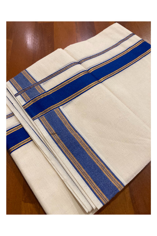 Off White Kerala Double Mundu with Kasavu and Dark Blue Border (South Indian Dhoti)