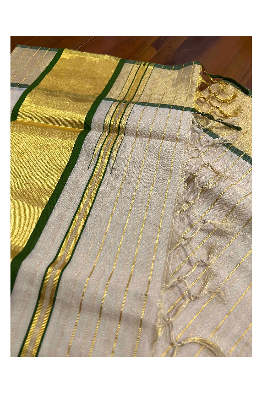 Southloom Premium Kuthampully Handloom Stripes Work Tissue Saree with Green Border