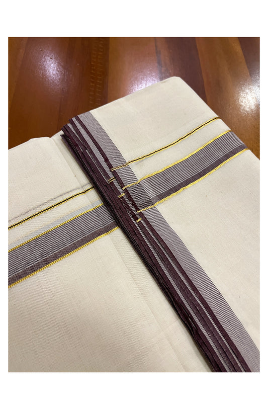 Pure Cotton Off White 100x100 Double Mundu with Kasavu and Brown Border (South Indian Dhoti)