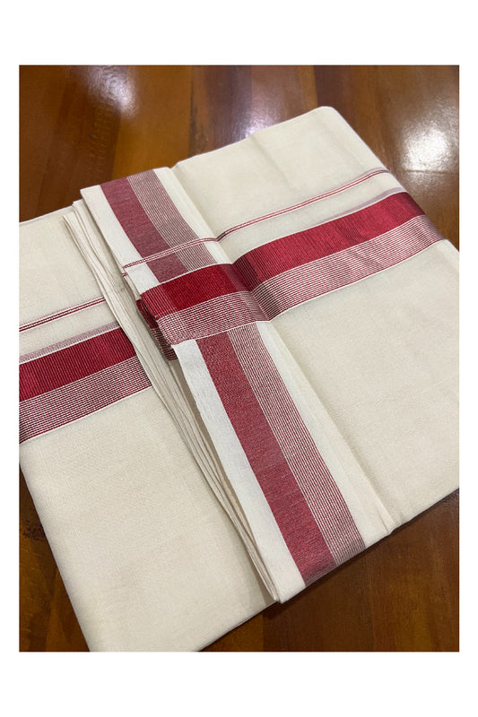 Southloom Kuthampully Handloom Pure Cotton Mundu with Silver and Dark Red Kasavu Border (South Indian Dhoti)