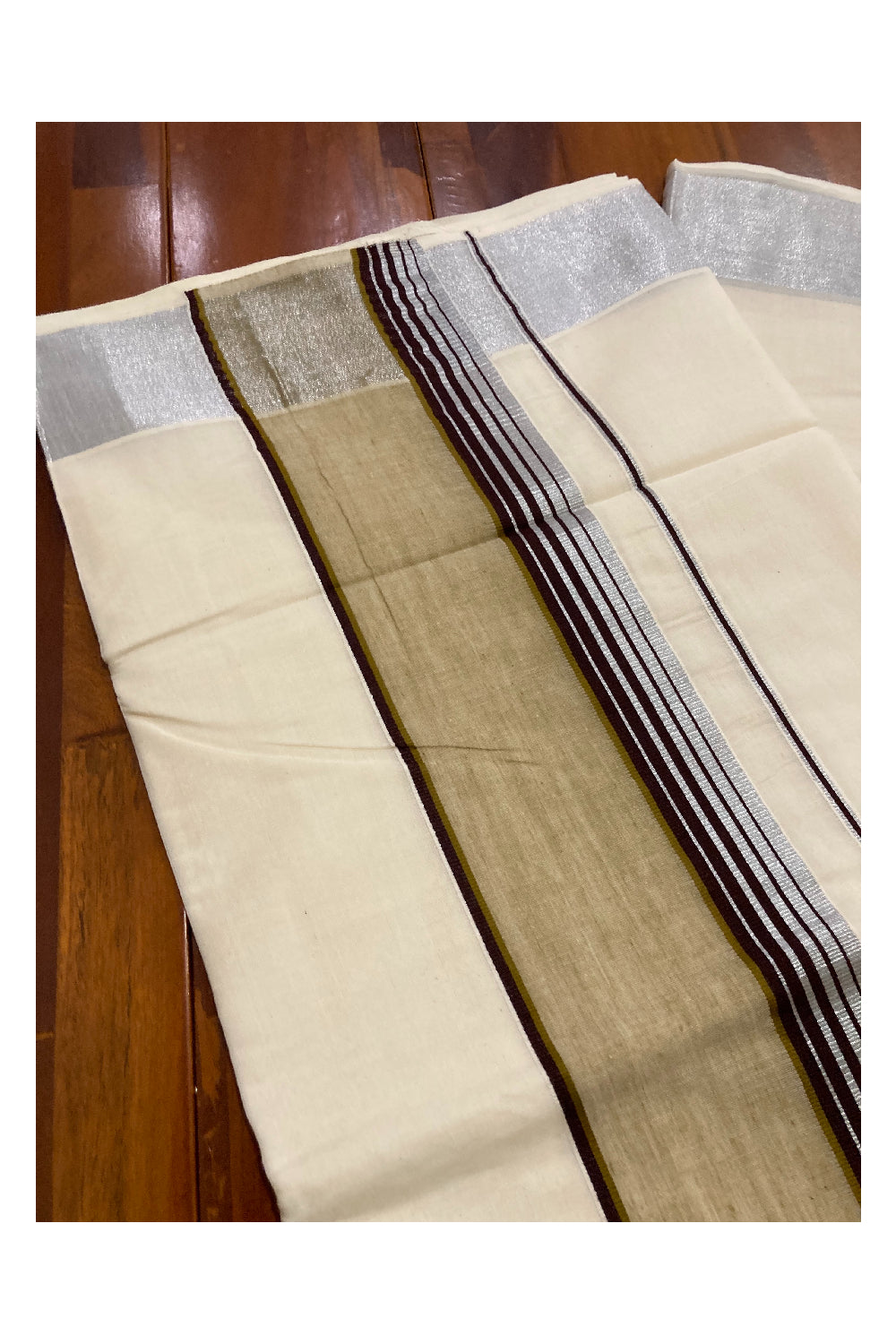 Pure Cotton Silver Kasavu Plain Saree with Brown and Olive Green Border