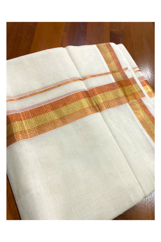 Southloom Balaramapuram Handloom Pure Cotton Mundu with Golden and Orange Kasavu Border (South Indian Dhoti)