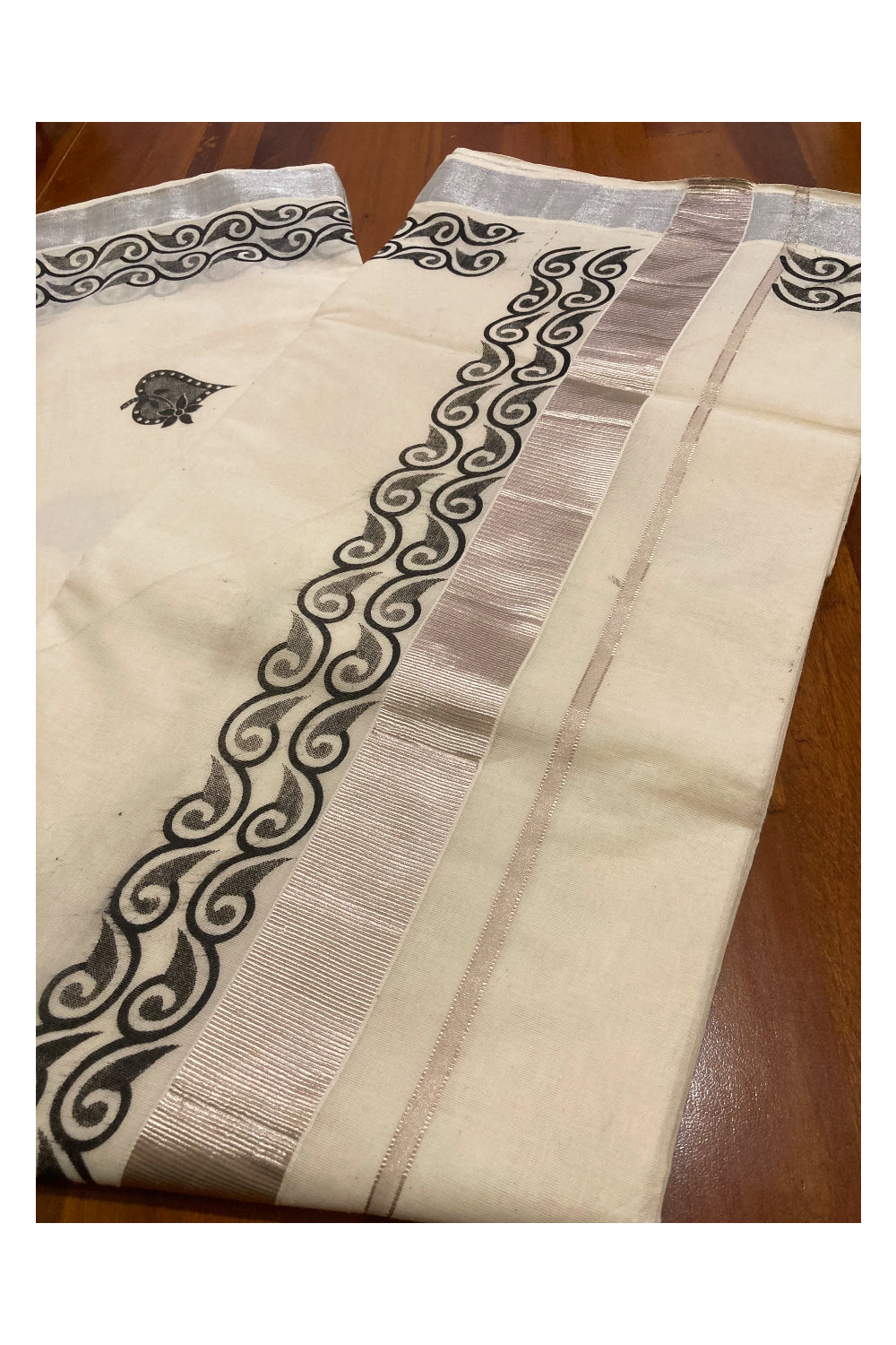 Pure Cotton Kerala Saree with Black Block Prints and Silver Kasavu Border