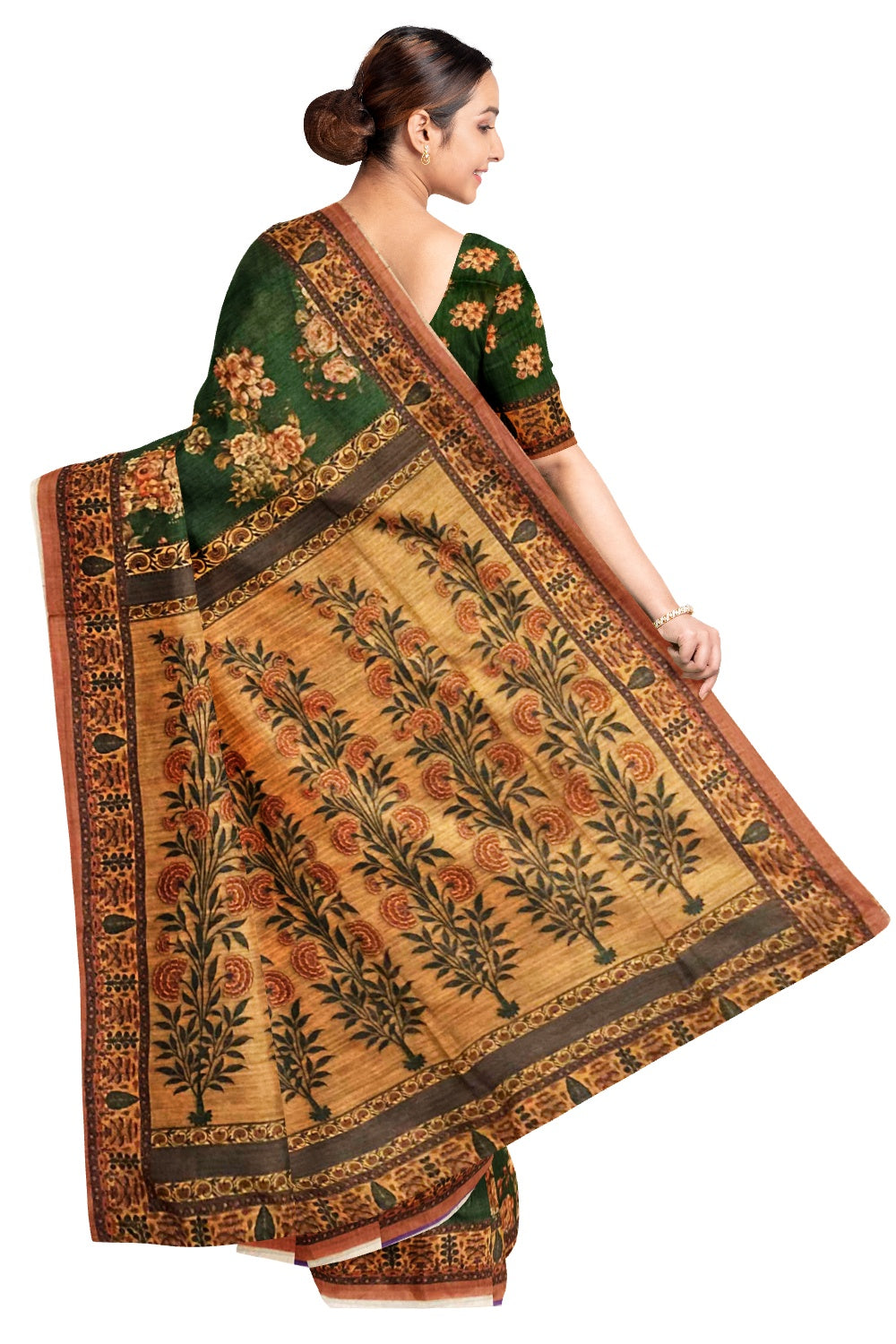 Southloom Semi Silk Dark Green and Brown Floral work Designer Saree