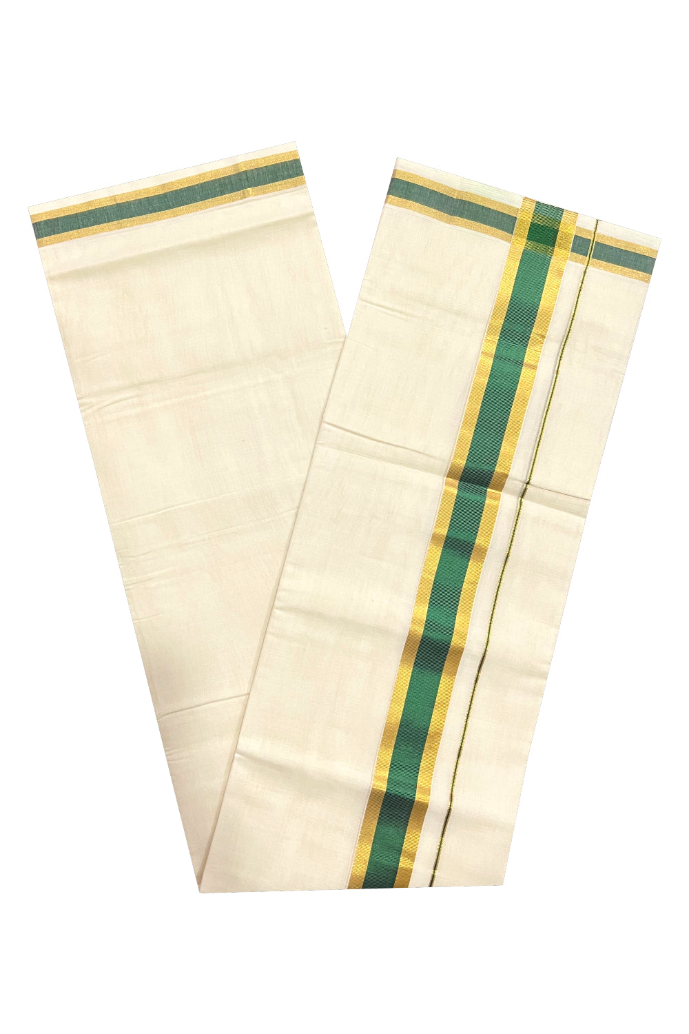 Southloom Premium Handloom Pure Cotton Mundu with Golden and Green Kasavu Border (South Indian Dhoti)