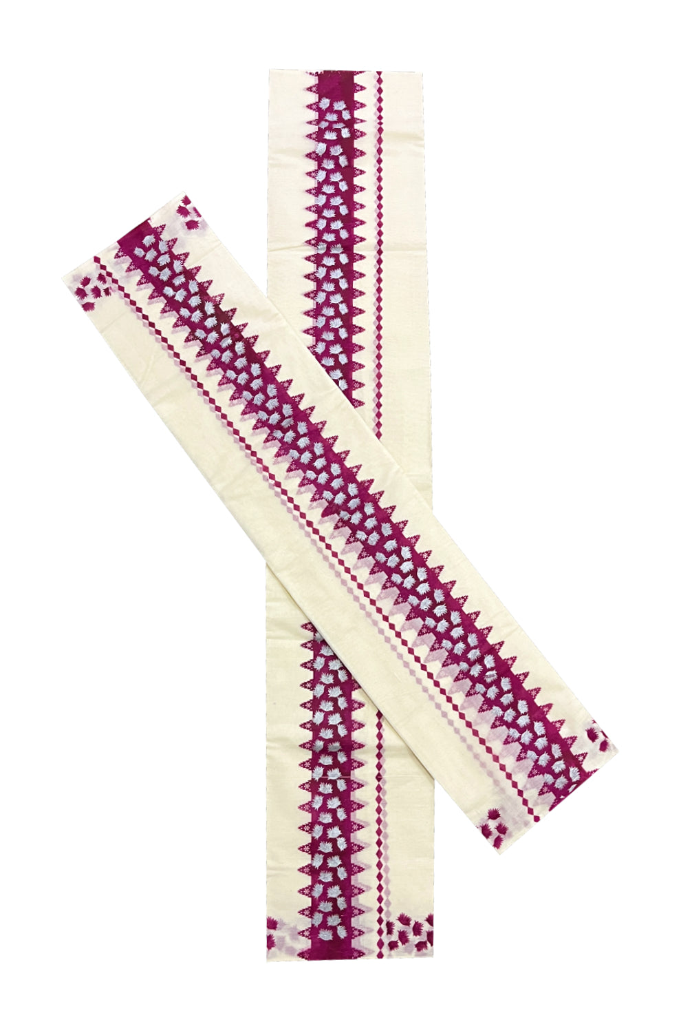 Kerala Cotton Single Set Mundu (Mundum Neriyathum) with Maroon Block Prints on Border