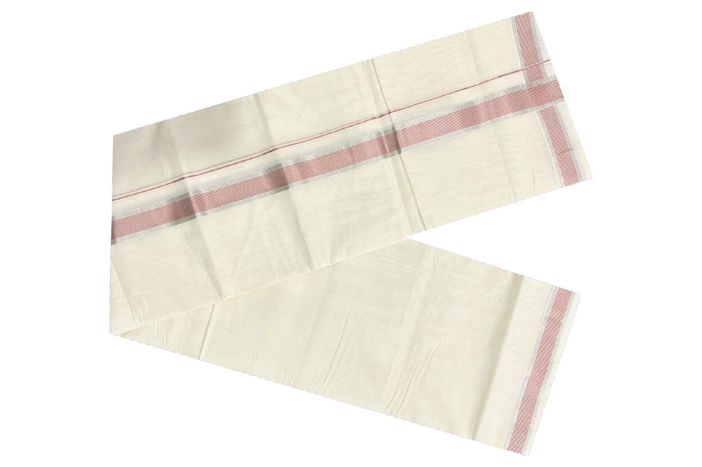 Southloom Kuthampully Pure Cotton Handloom Mundu with Silver and Red Kasavu Lines Border