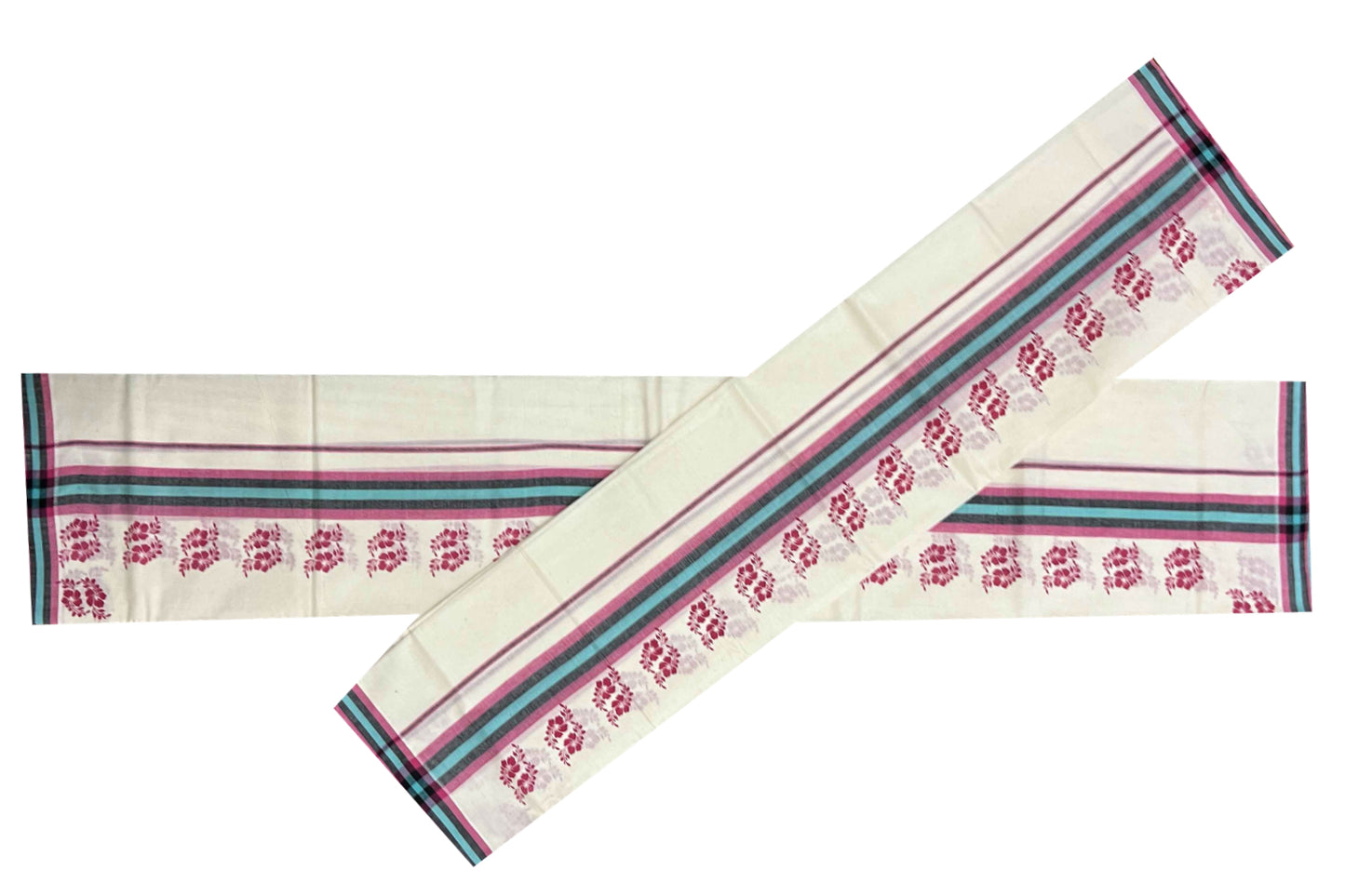 Kerala Cotton Mulloth Mundum Neriyathum Single (Set Mundu) with Pink Floral Block Print Border (Extra Soft Cotton)