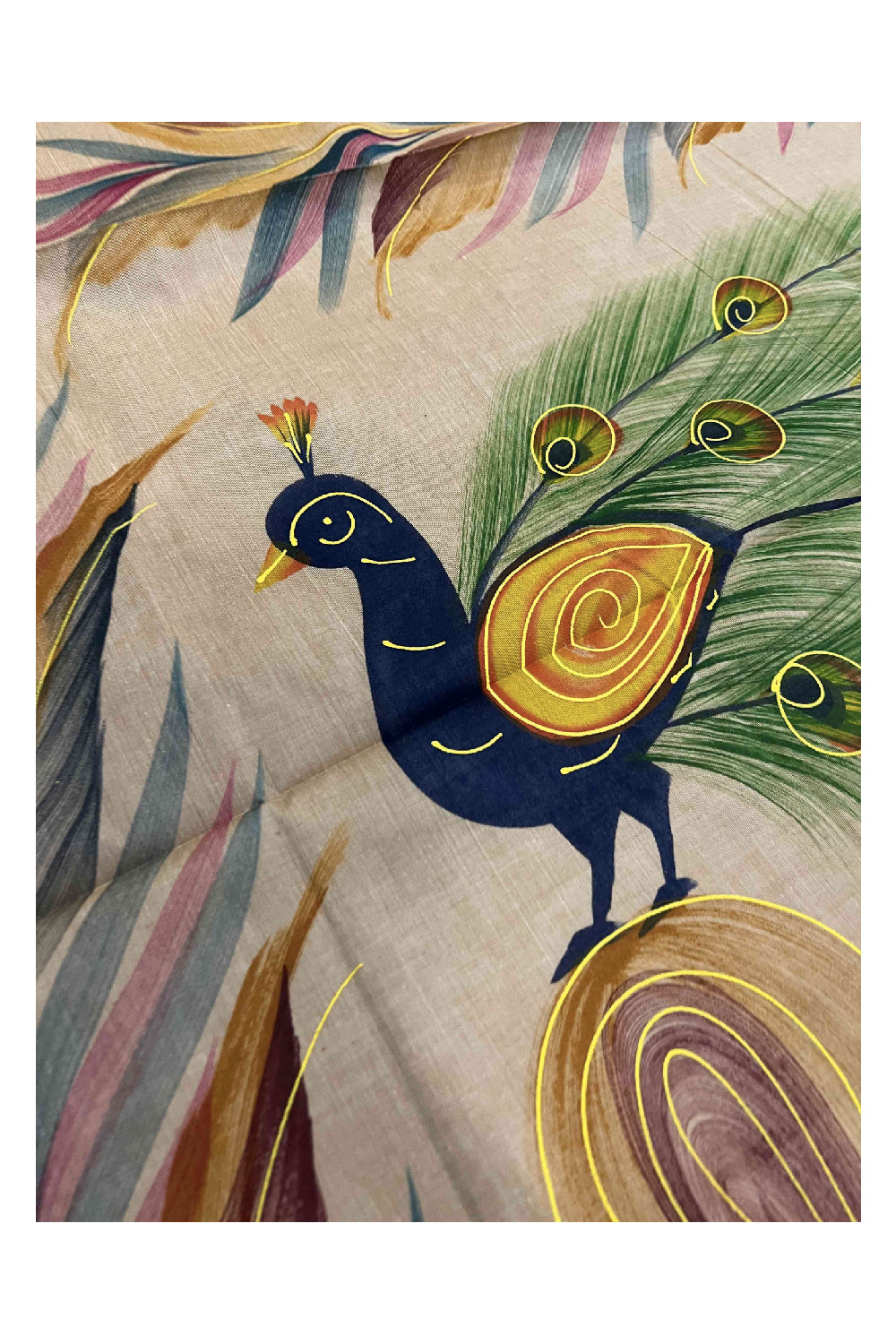 Southloom Brown Handpainted Mural Kerala Kasavu Saree with Peacock Art