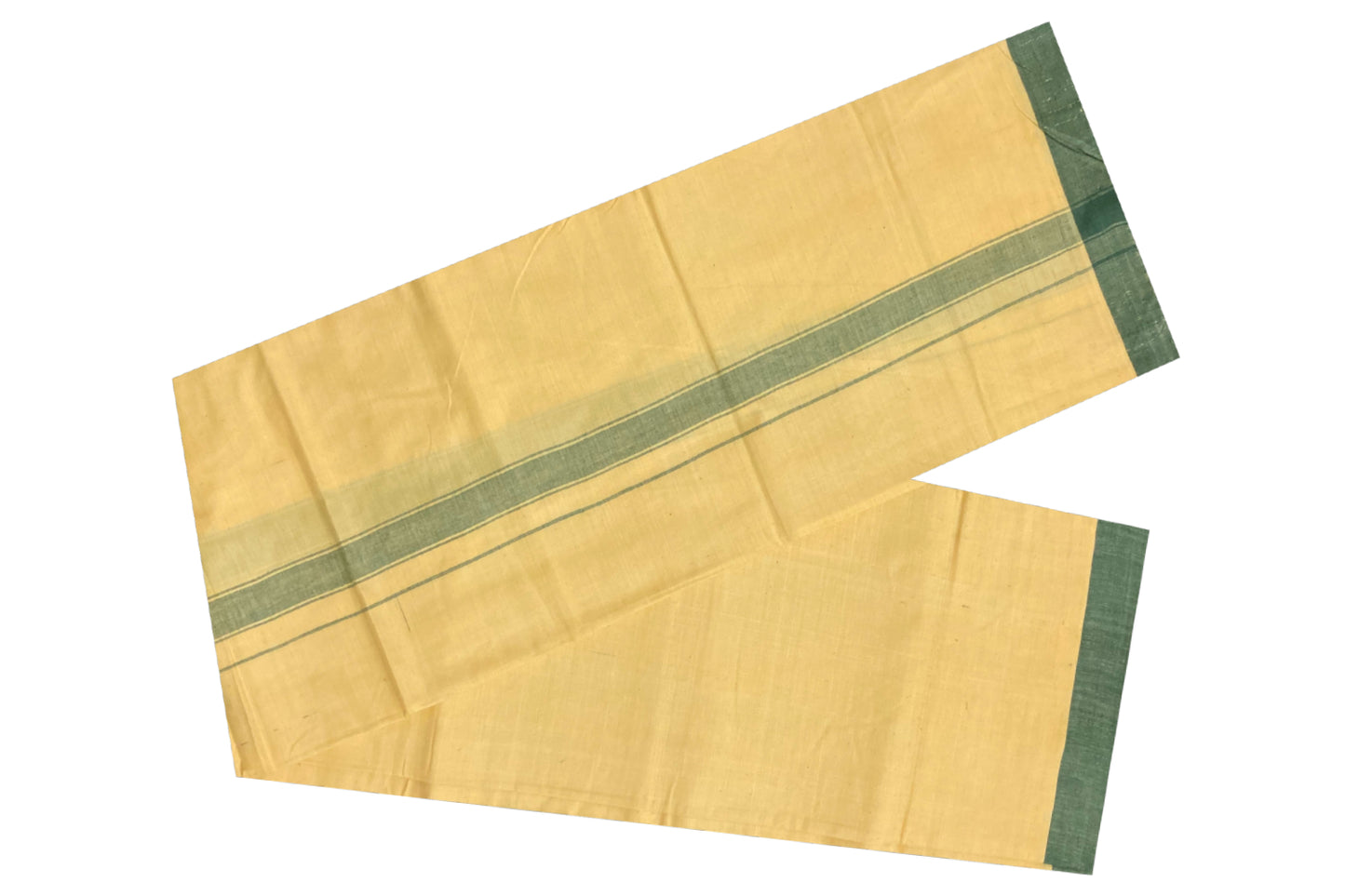 Southloom Premium Handloom Yellow Solid Single Mundu (Lungi) with Green Border