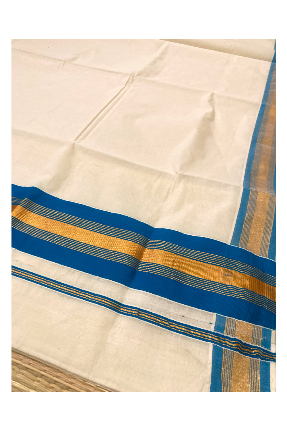 Kerala Pure Cotton Plain Saree with Kasavu and Blue Border