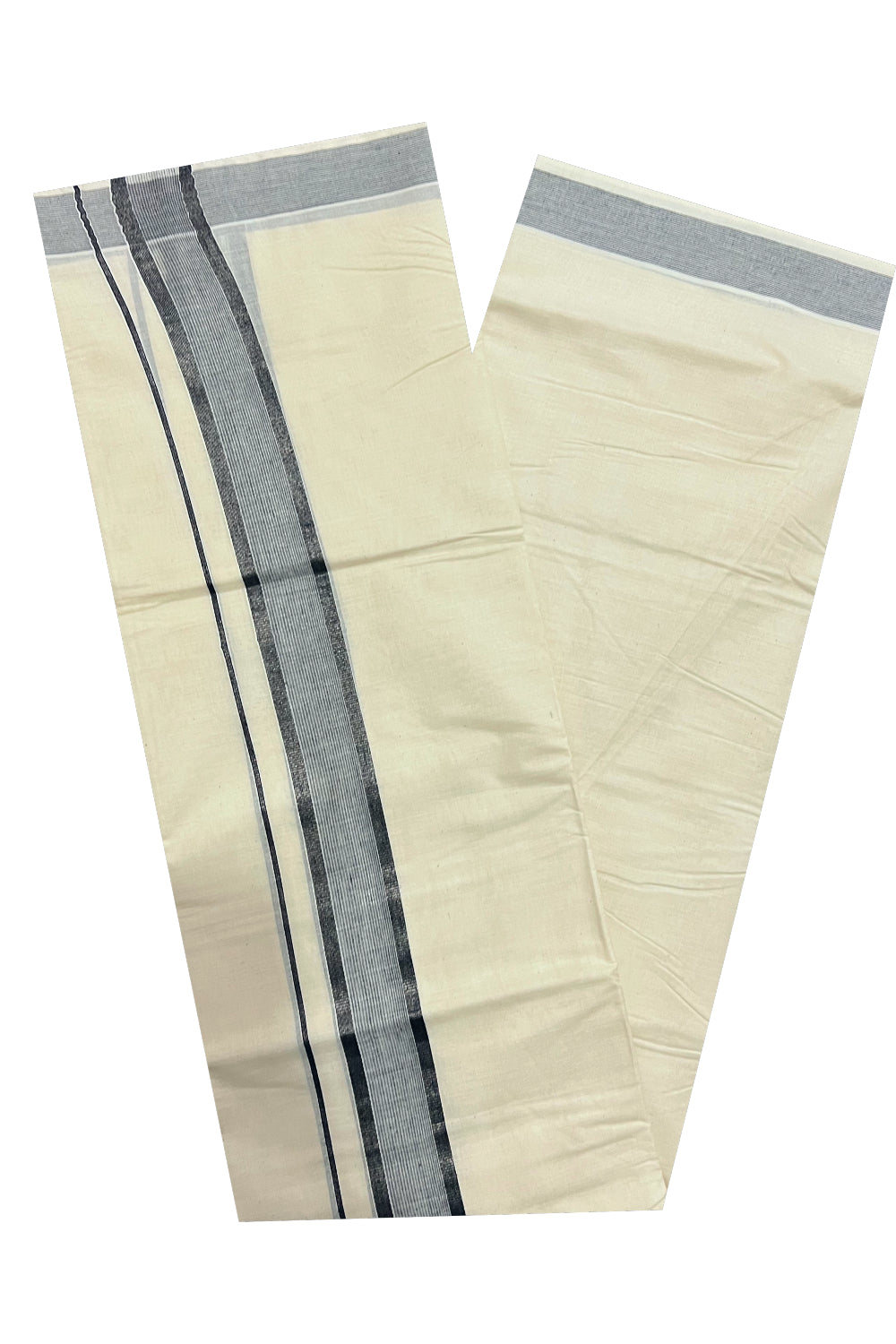 Pure Cotton Off White Double Mundu with Black and Silver Kasavu Border (South Indian Dhoti)