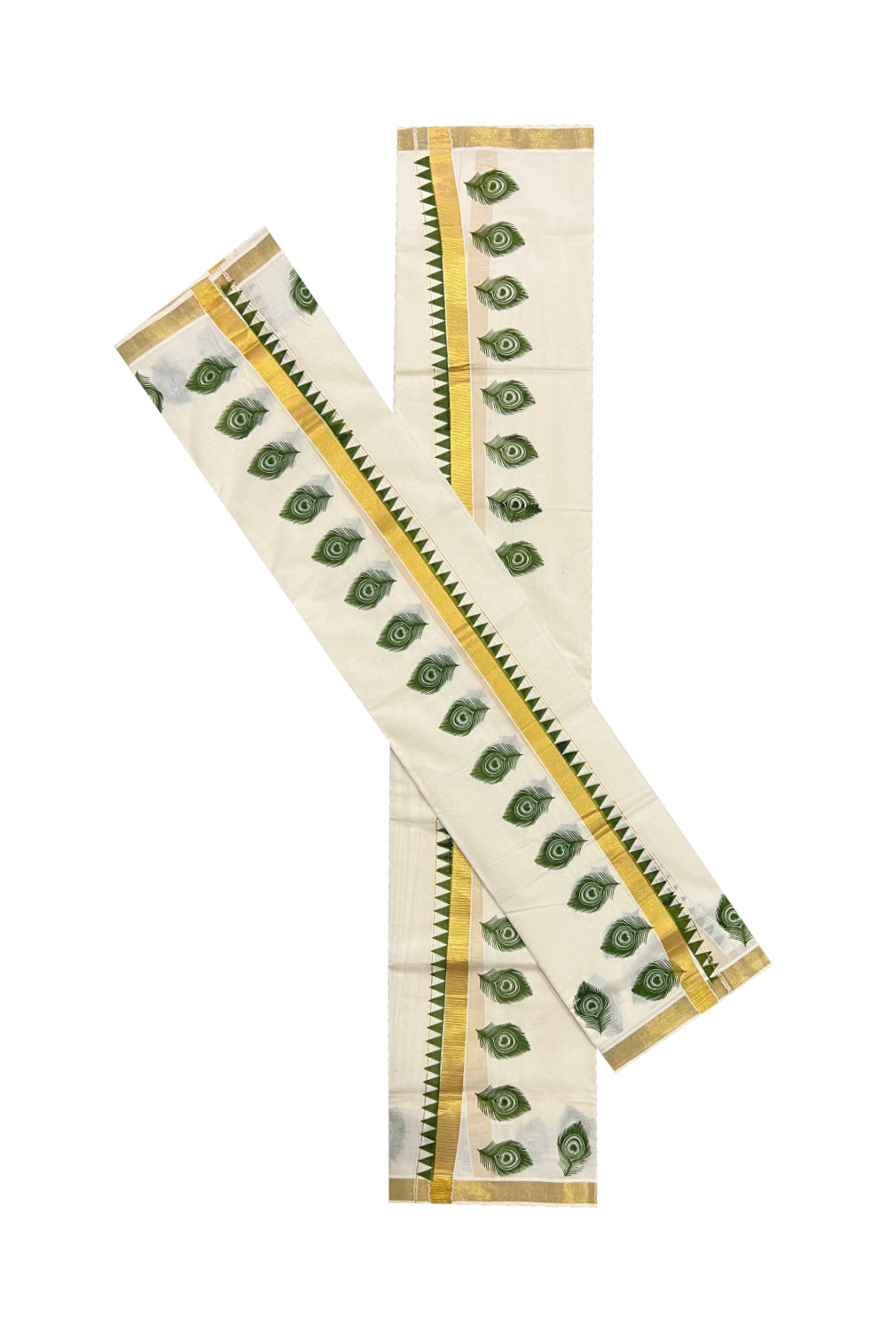 Cotton Kasavu Set Mundu (Mundum Neriyathum) with Green Block Feather Temple Prints on Border