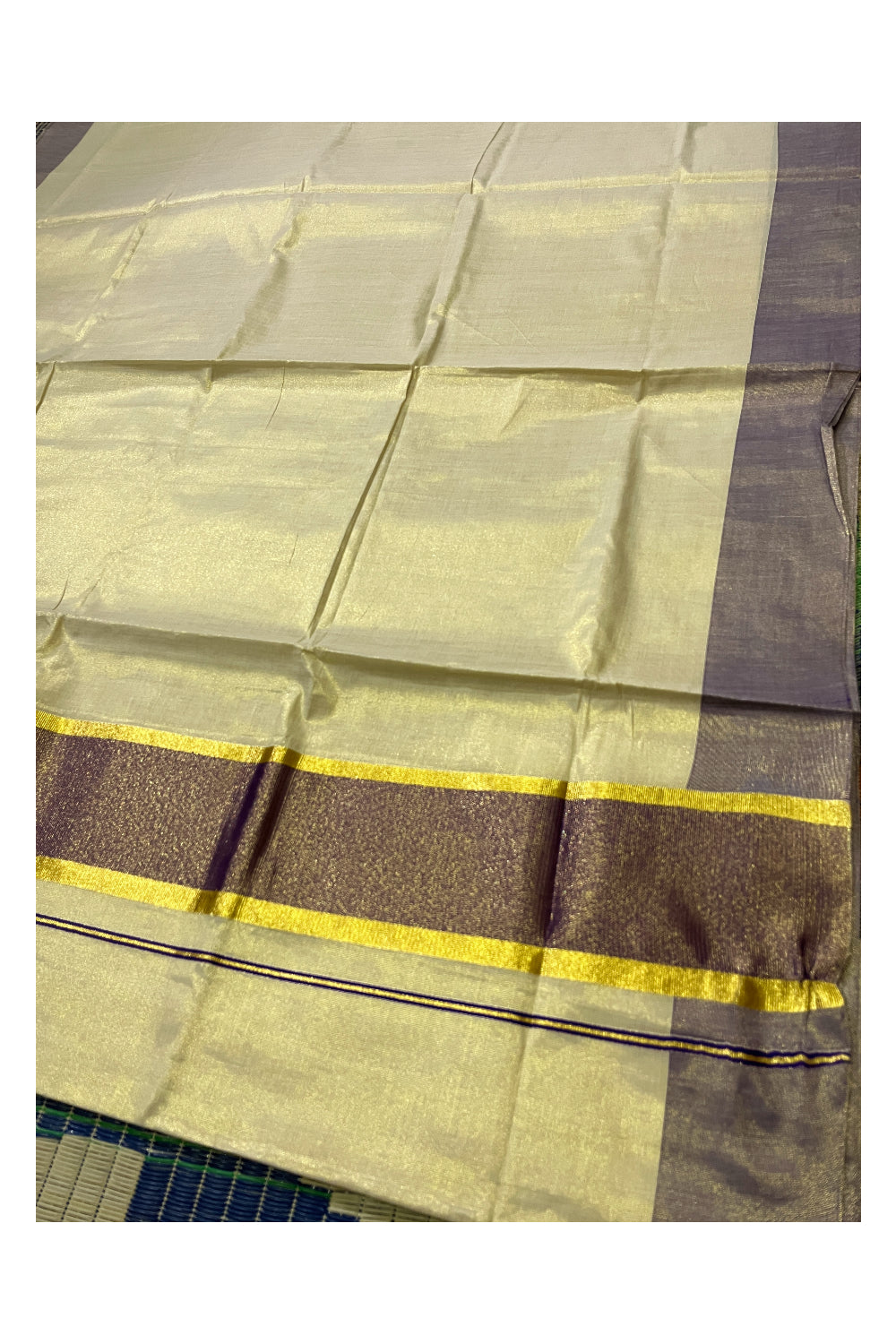 Kerala Tissue Kasavu Plain Saree with Violet and Kasavu Border