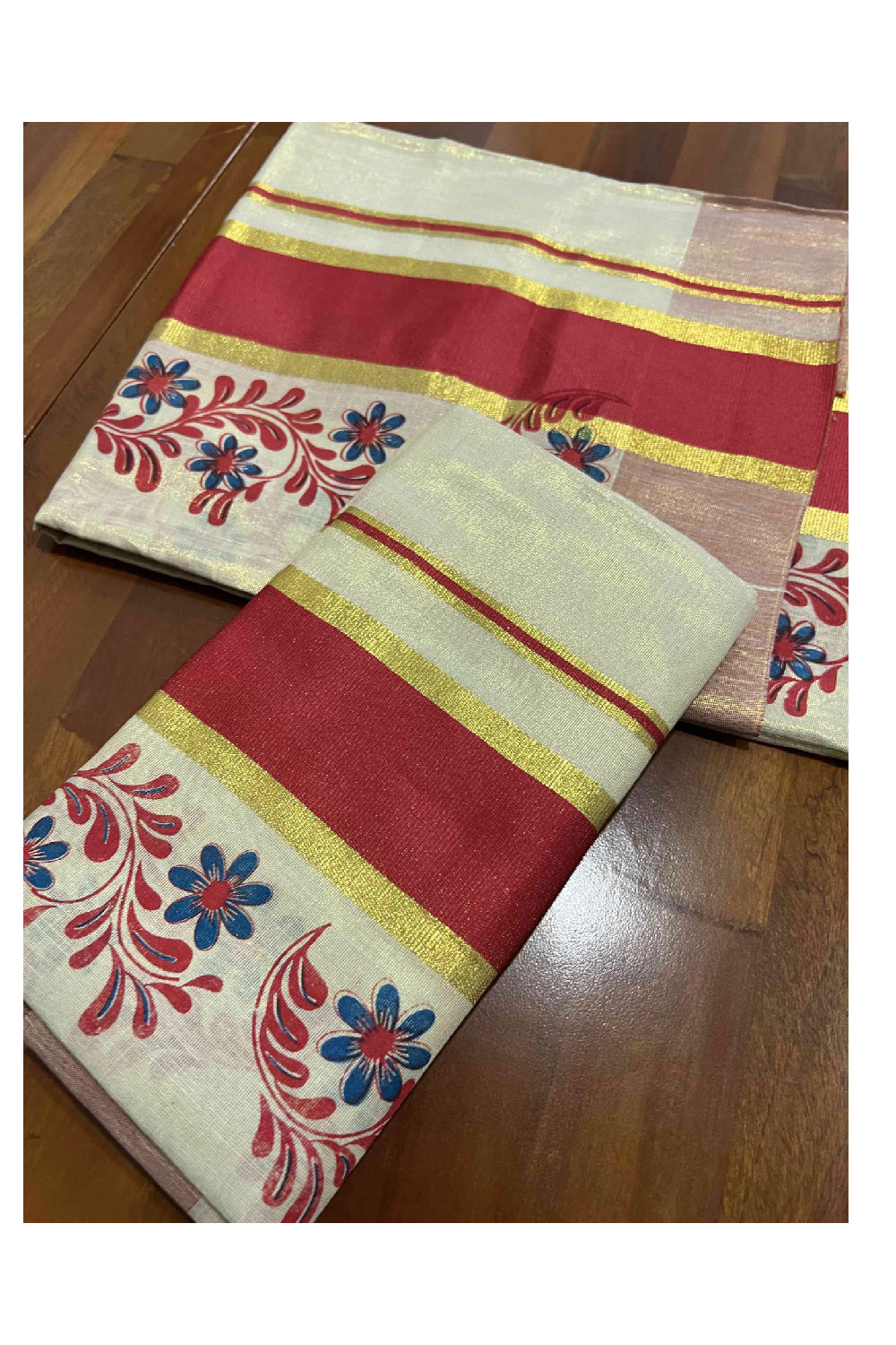 Kerala Tissue Kasavu Set Mundu (Mundum Neriyathum) with Red Block Printed Pallu