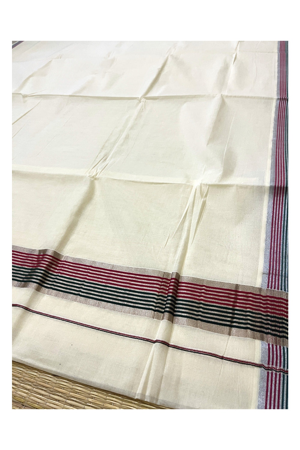 Kerala Pure Cotton Plain Saree with Silver Kasavu Black and Green Border