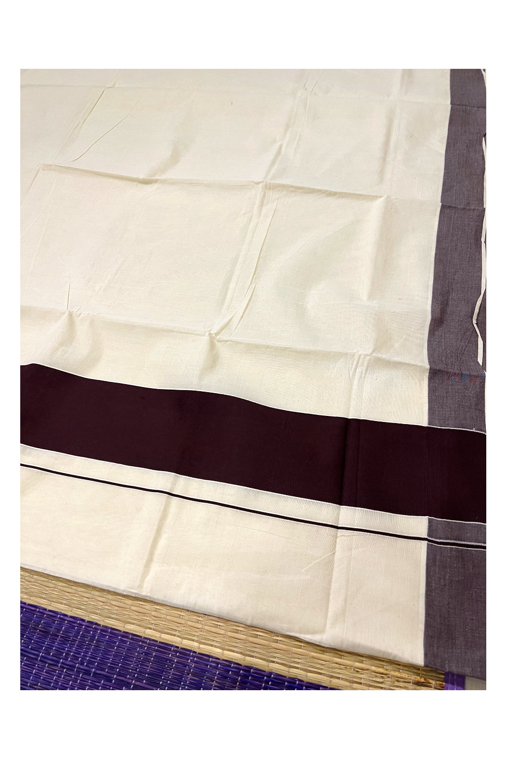 Pure Cotton Plain Kerala Saree with 3 inch Dark Brown Border