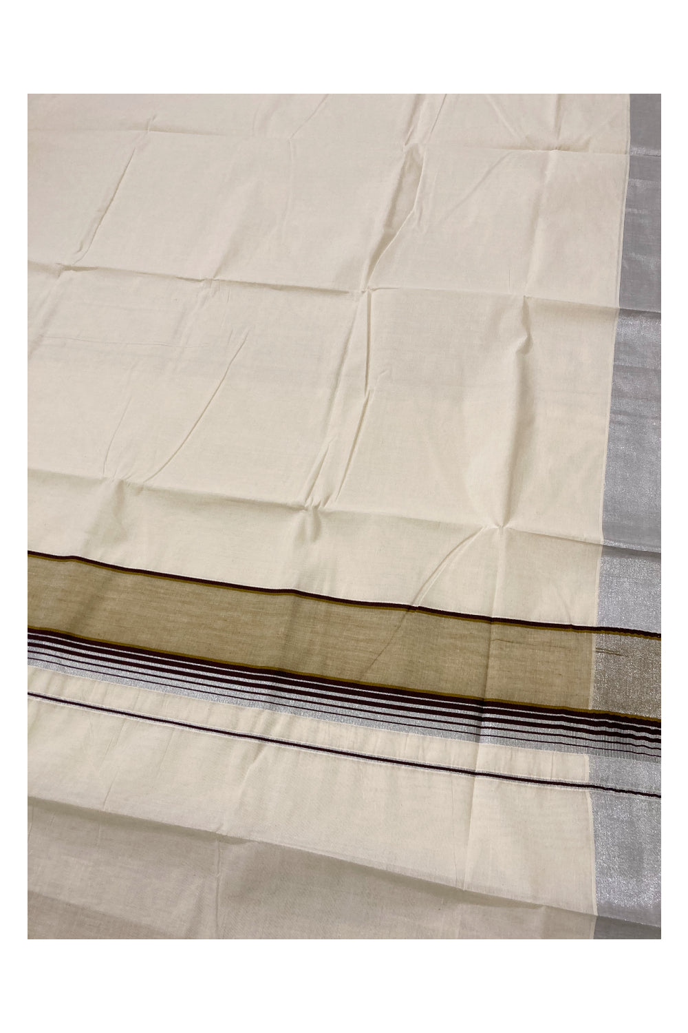 Pure Cotton Silver Kasavu Plain Saree with Brown and Olive Green Border