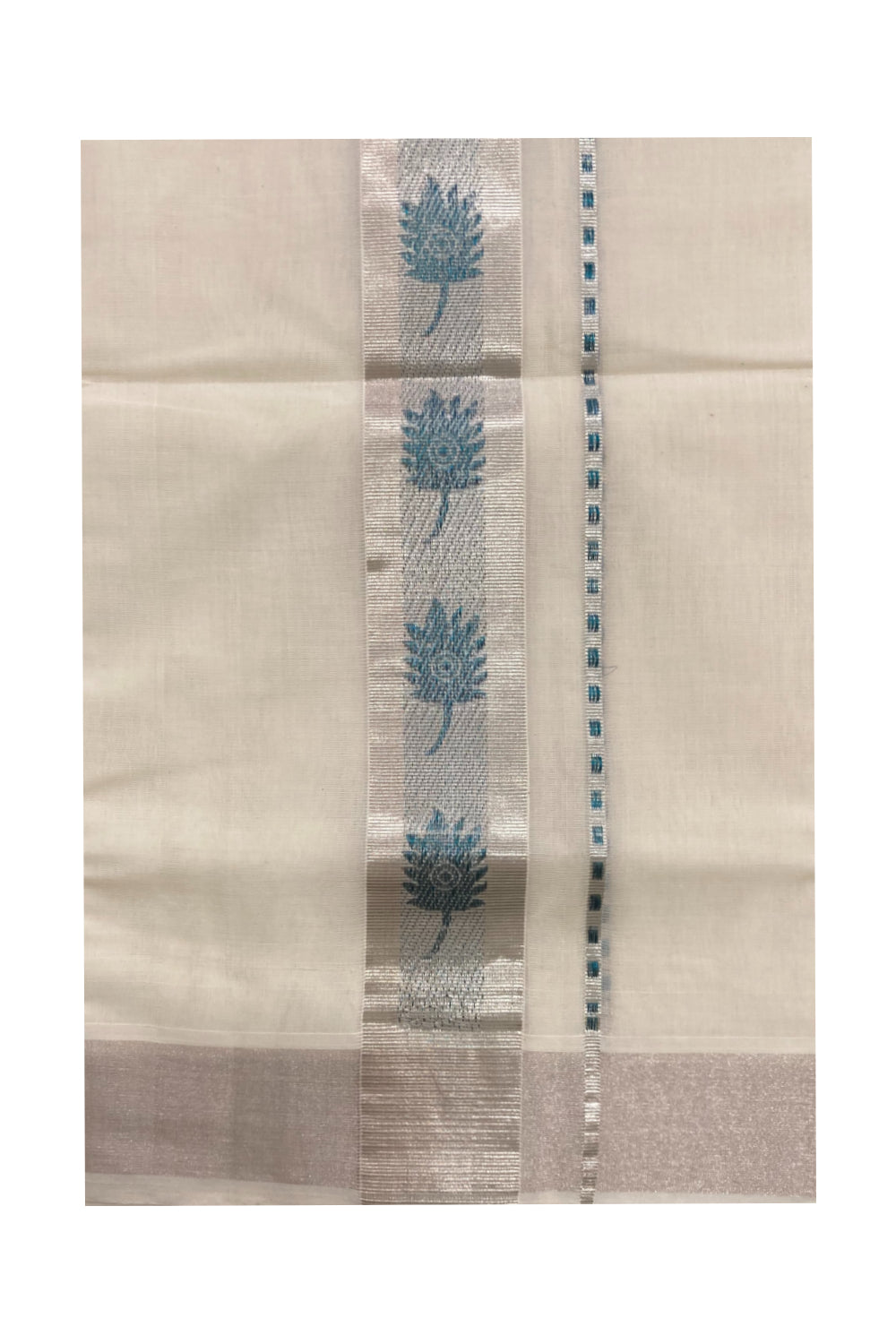 Southloom Handloom Premium Silver Kasavu Dhoti with Woven Design Border