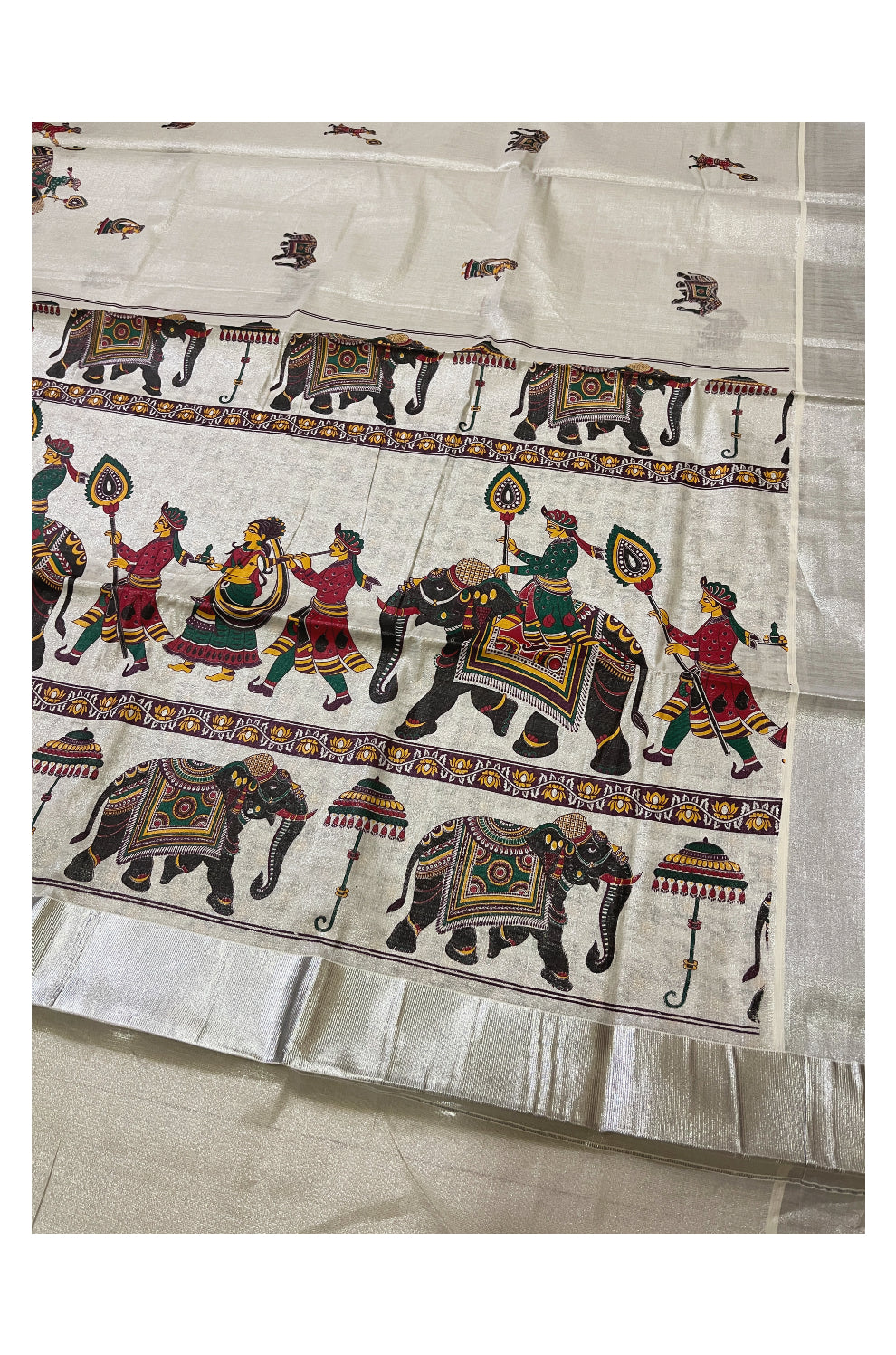 Kerala Silver Tissue Kasavu Saree With Mural Festival Parasol and Elephant Design (include Printed Running Blouse)