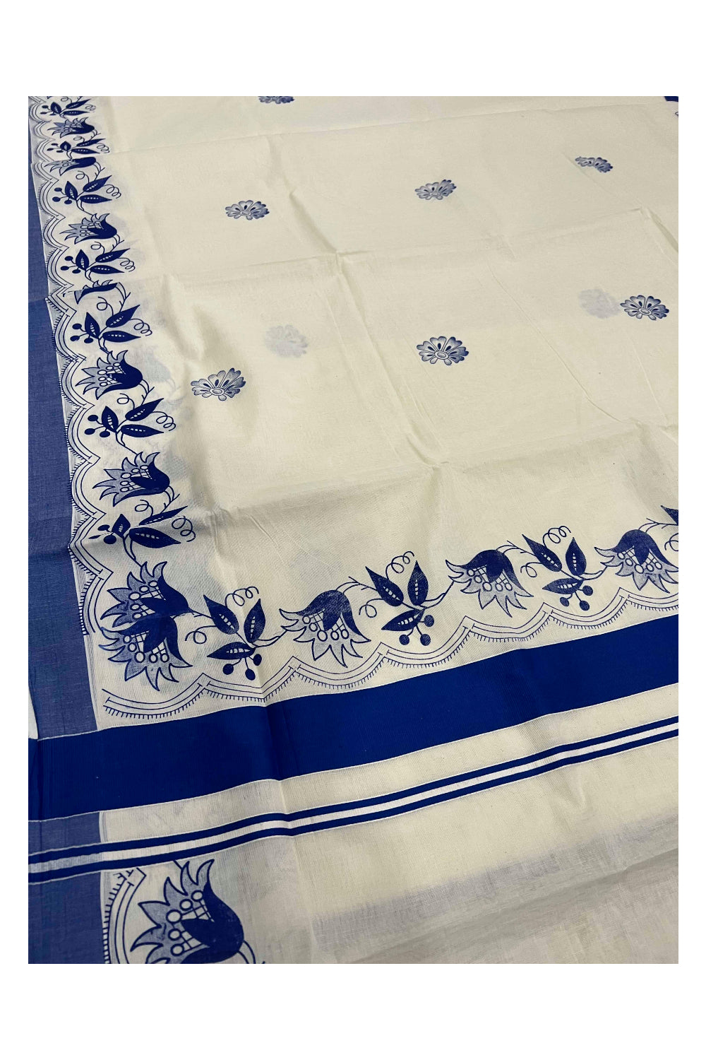 Pure Cotton Kerala Saree with Blue Floral Block Printed Border