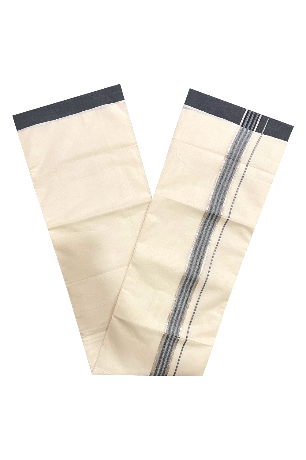 Pure Cotton Off White Double Mundu with Silver Kasavu and Black Border (South Indian Dhoti)