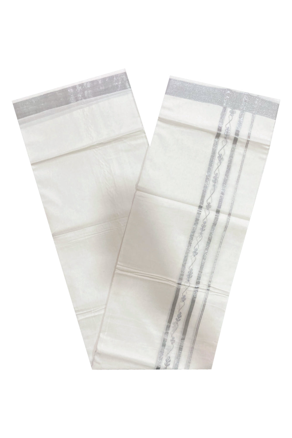 Pure White Cotton Double Mundu with Silver Kasavu Woven Border (South Indian Dhoti)