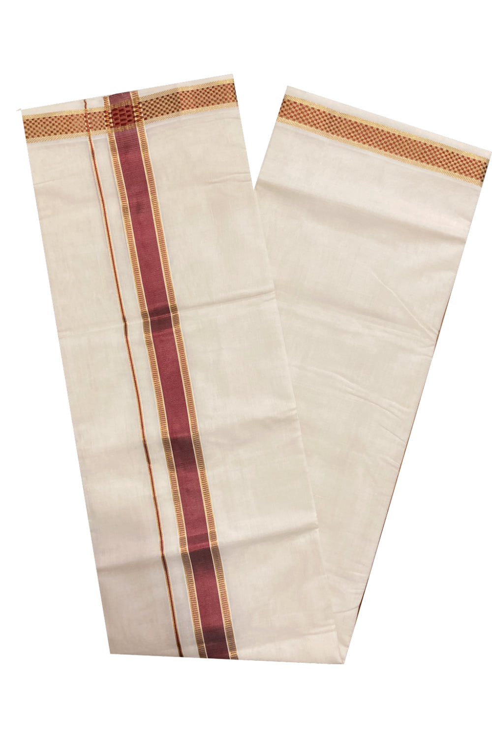 Southloom Premium Handloom Pure Cotton Mundu with Golden and Maroon Kasavu Design Border (South Indian Dhoti)