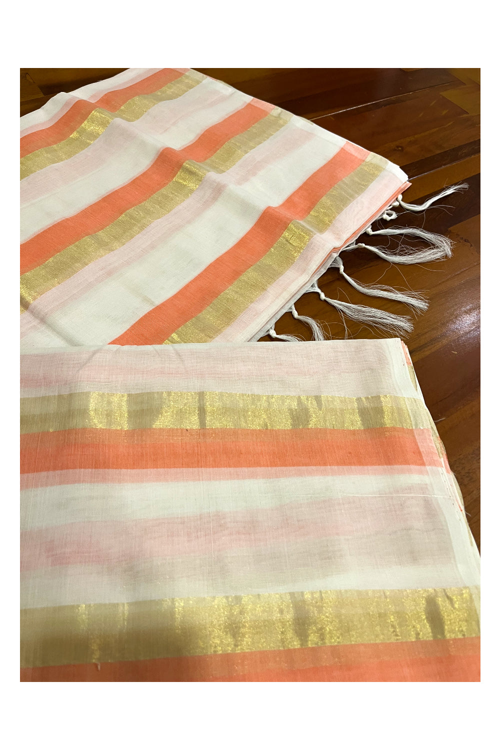 Southloom™ Premium Handloom Cotton Kerala Saree with Kasavu and Orange Lines work on Body