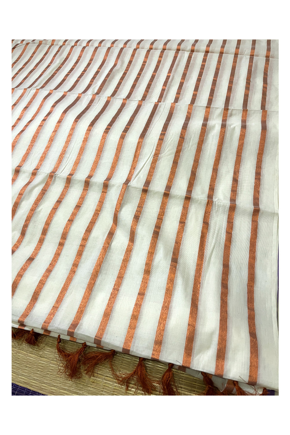 Pure Cotton Kerala Saree with Copper Kasavu Lines on Body and Tassels Works on Pallu (Vishu Saree 2023)