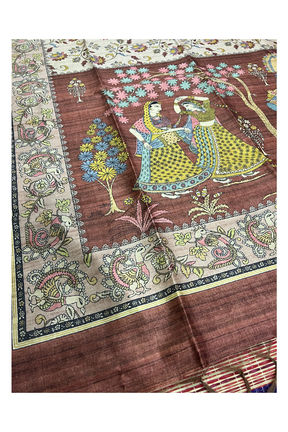 Southloom Tussar Silk Kalamkari Design Vishu Themed Krishna Radha Saree